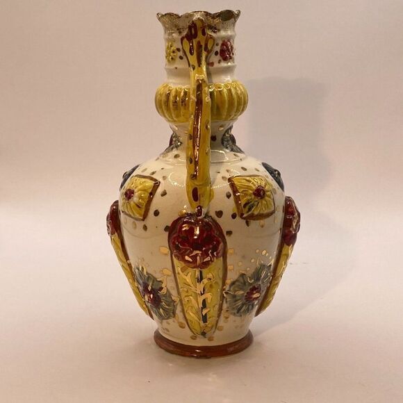 Pompeyi Bejeweled Signed Majolica Ceramic Vase Double Handle Gold Embossed - Picture 2 of 13